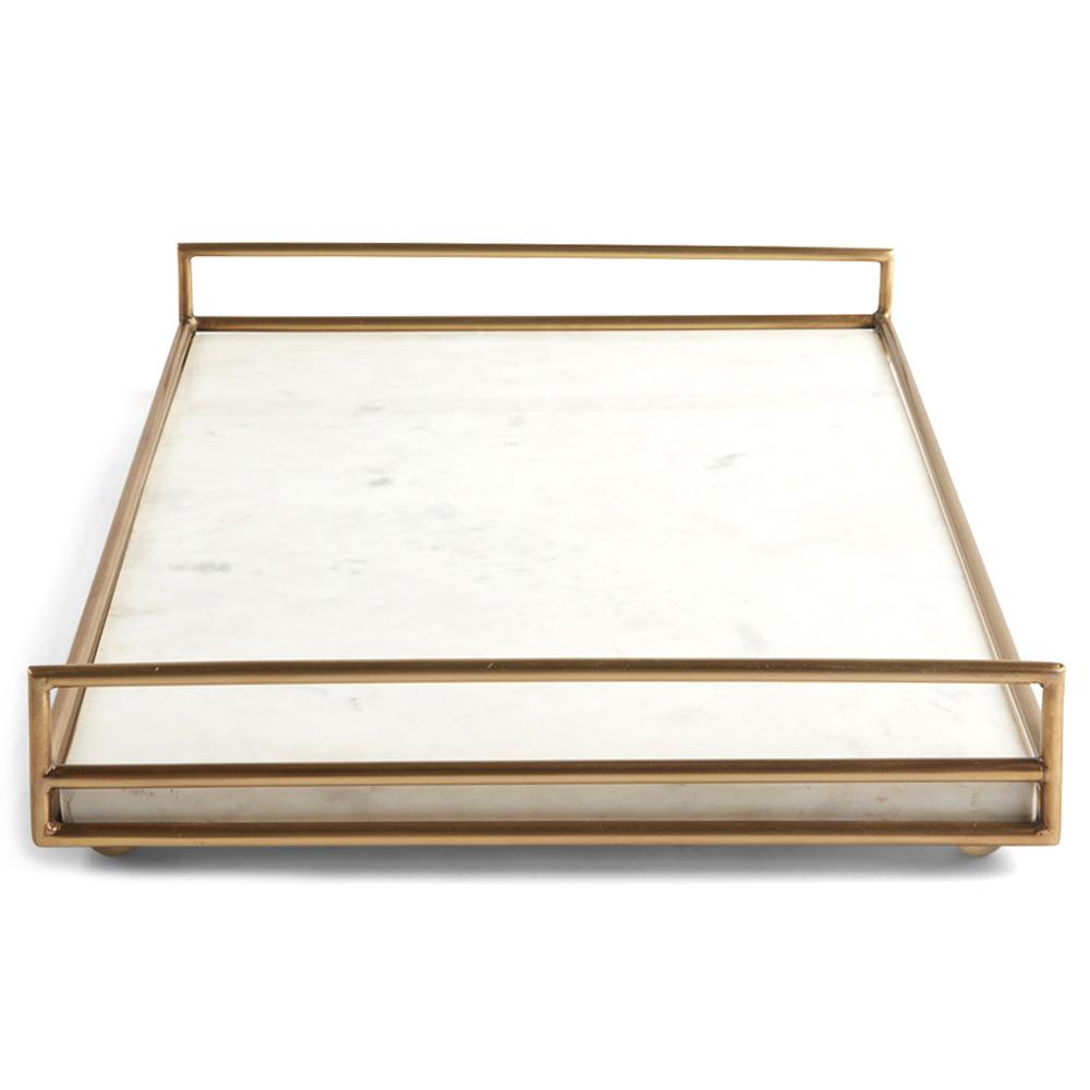 Tina Hollywood Regency Gold Iron Frame White Marble Rectangular Serving Tray|