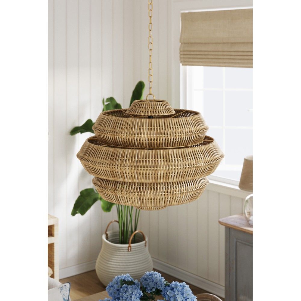 Rica Coastal Beach Brown Rattan 3 Tier Chandelier - Small|