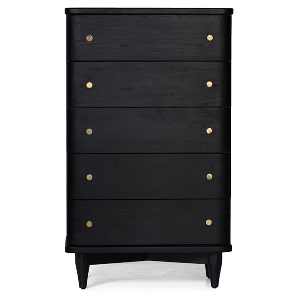 William Mid Century Modern Black Oak Wood 5 Drawer Tall Chest