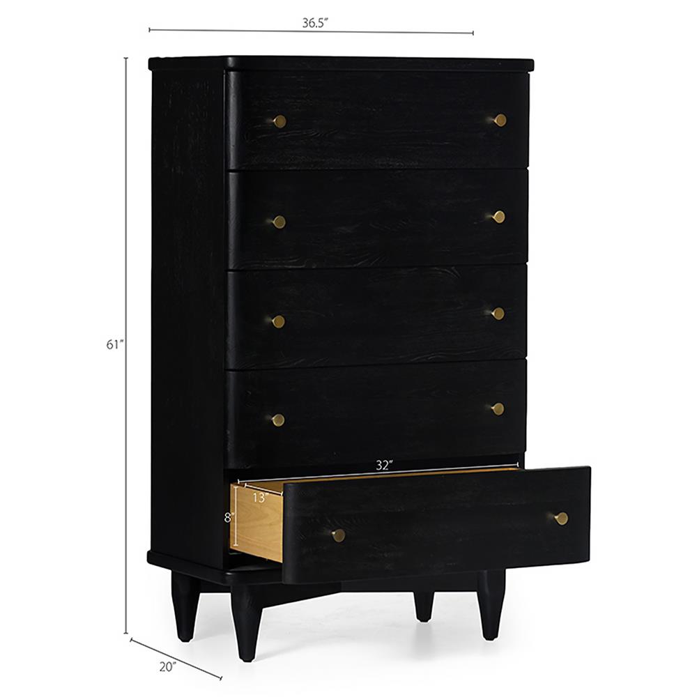 William Mid Century Modern Black Oak Wood 5 Drawer Tall Chest