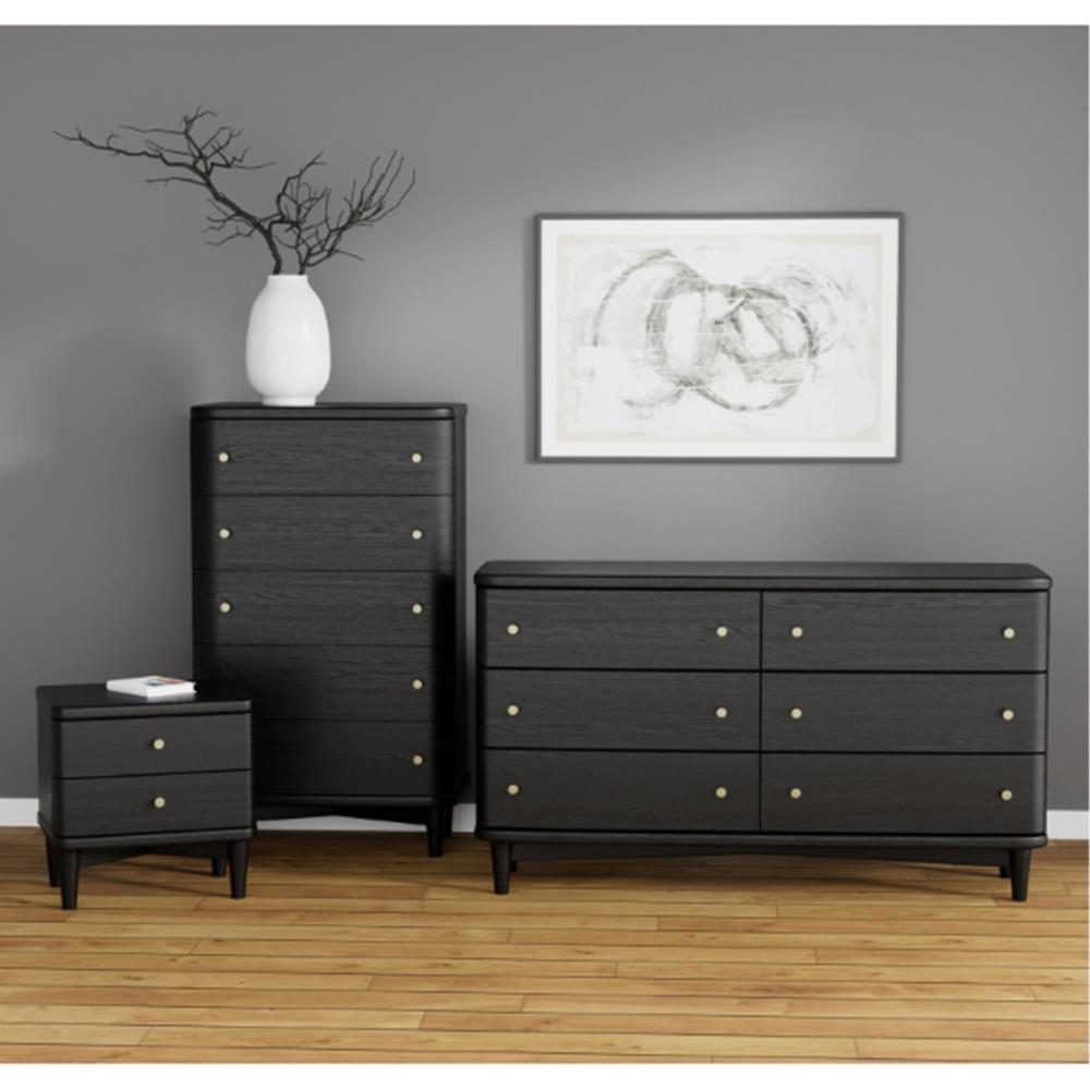 William Mid Century Modern Black Oak Wood 5 Drawer Tall Chest