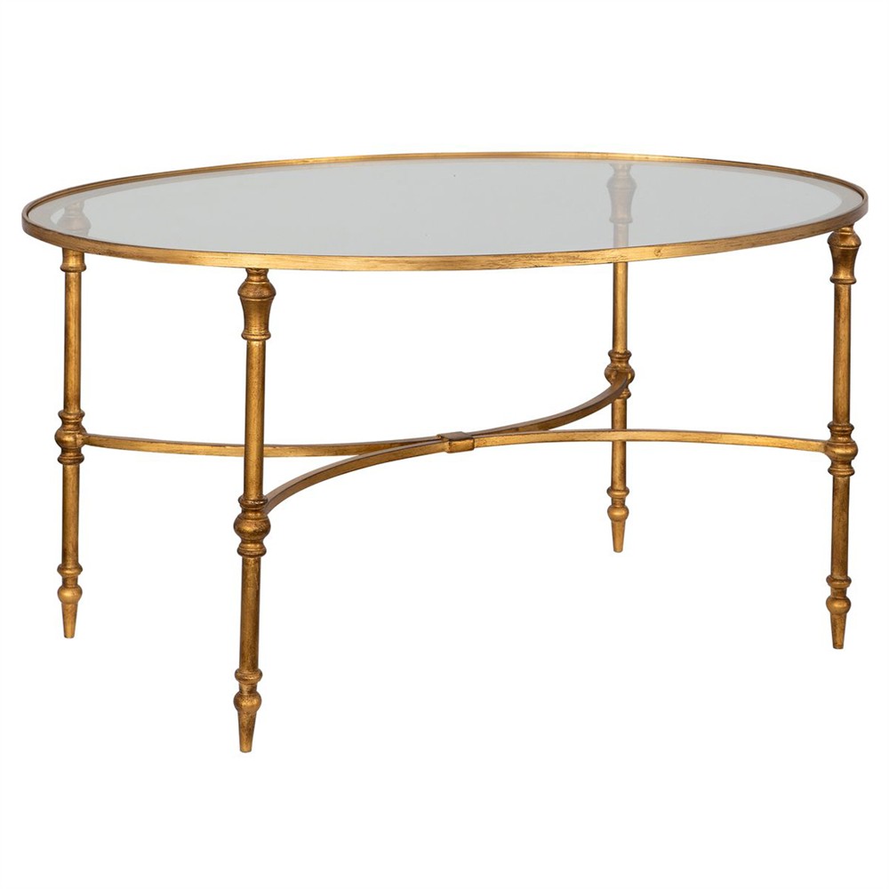 Victoria Hollywood Regency Antiqued Gold Frame Glass Top Oval Coffee Table|