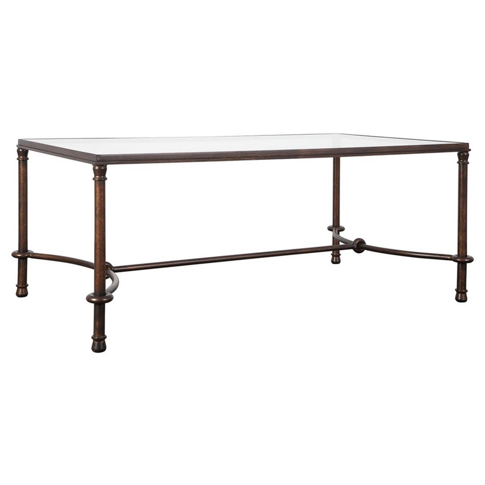 William Updated Traditional Bronze Patina Iron Glass Rectangular Coffee Table|