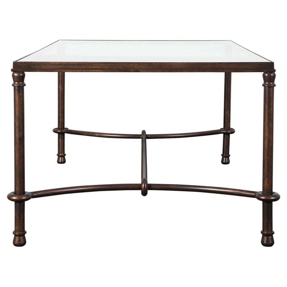 William Updated Traditional Bronze Patina Iron Glass Rectangular Coffee Table|
