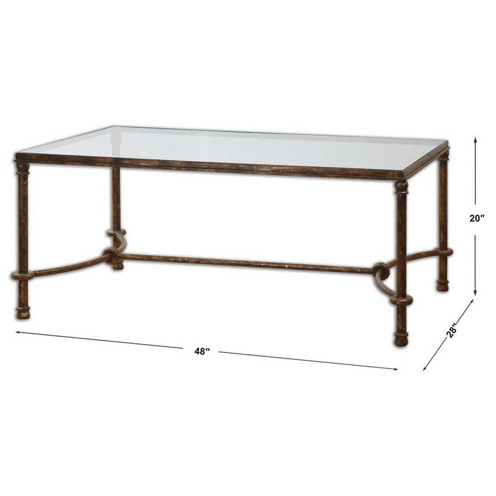 William Updated Traditional Bronze Patina Iron Glass Rectangular Coffee Table|