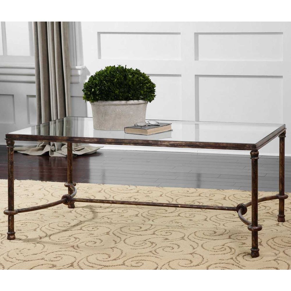 William Updated Traditional Bronze Patina Iron Glass Rectangular Coffee Table|