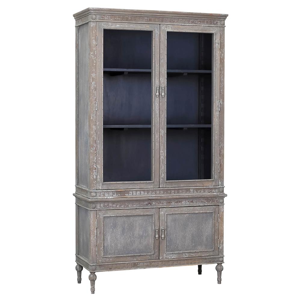 Jona French Country Grey Pine Clear Glass Door Dining Hutch China Cabinet|