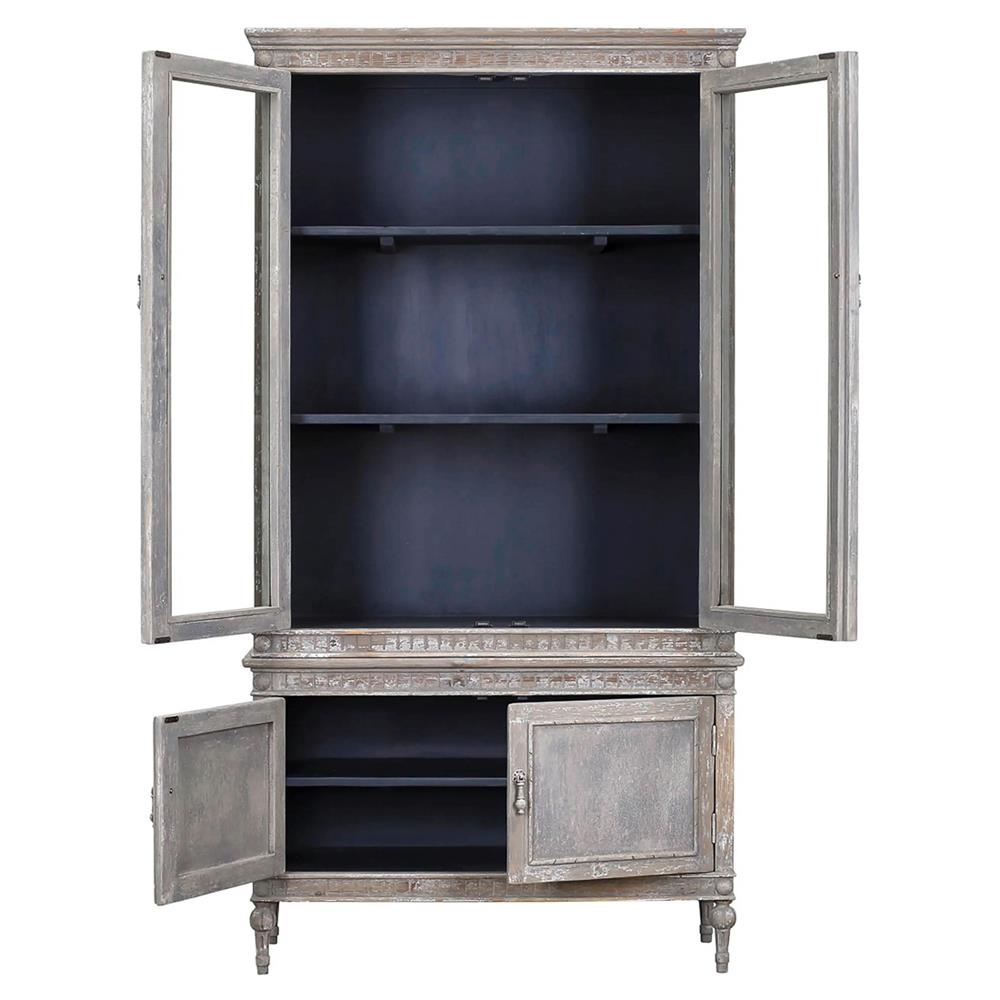 Jona French Country Grey Pine Clear Glass Door Dining Hutch China Cabinet|