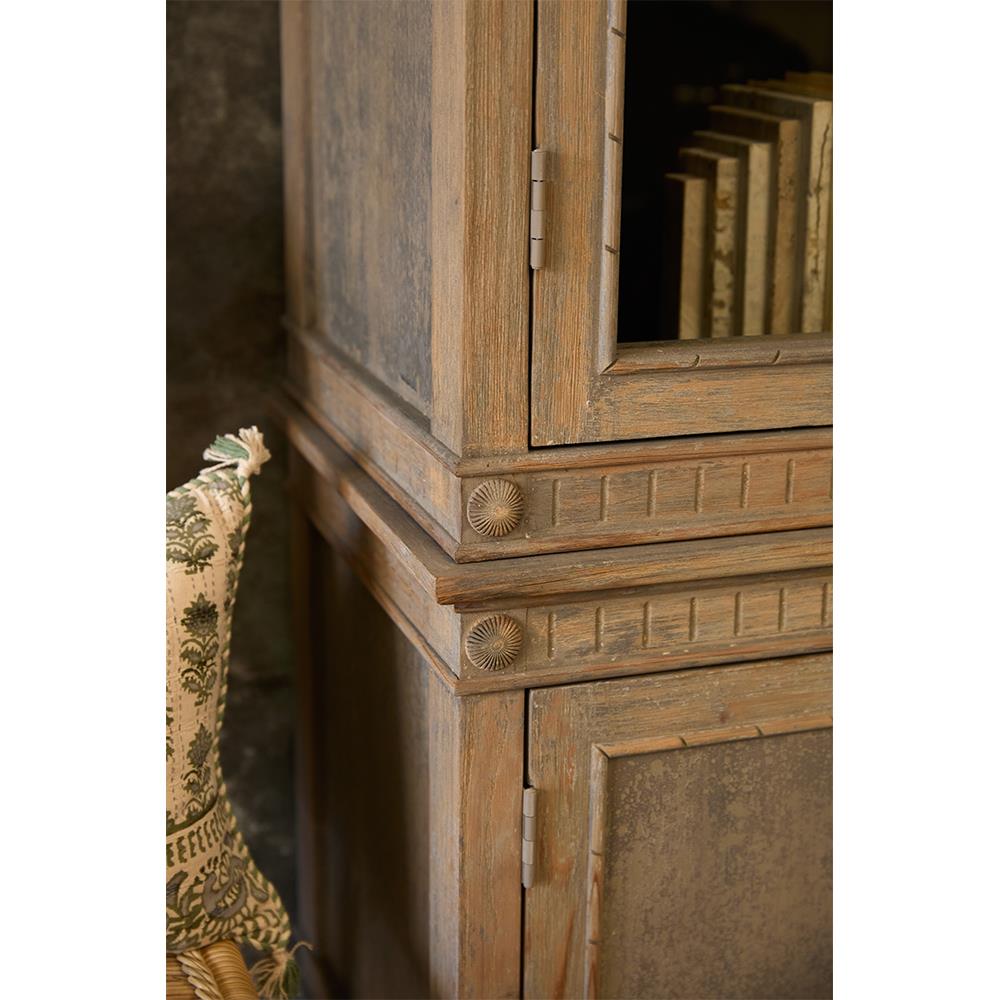 Jona French Country Grey Pine Clear Glass Door Dining Hutch China Cabinet|