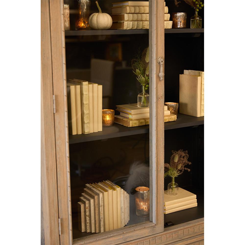 Jona French Country Grey Pine Clear Glass Door Dining Hutch China Cabinet|