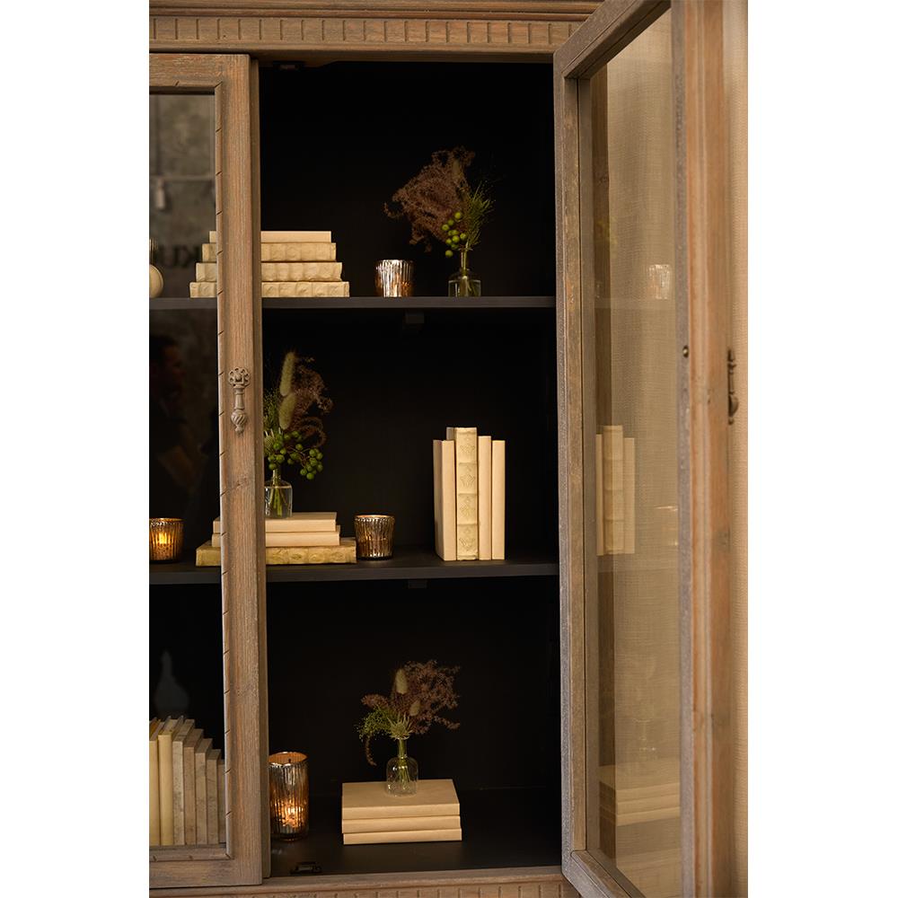 Jona French Country Grey Pine Clear Glass Door Dining Hutch China Cabinet|