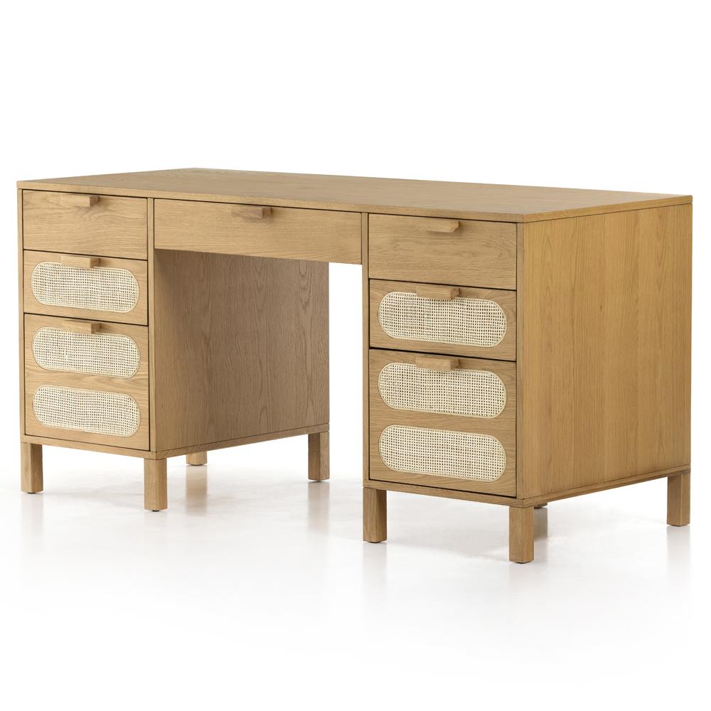 Allie Coastal Light Brown Oak Wood Natural Woven Cane Desk|