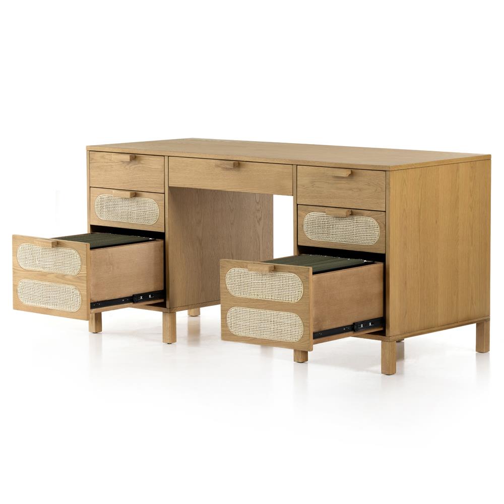 Allie Coastal Light Brown Oak Wood Natural Woven Cane Desk|