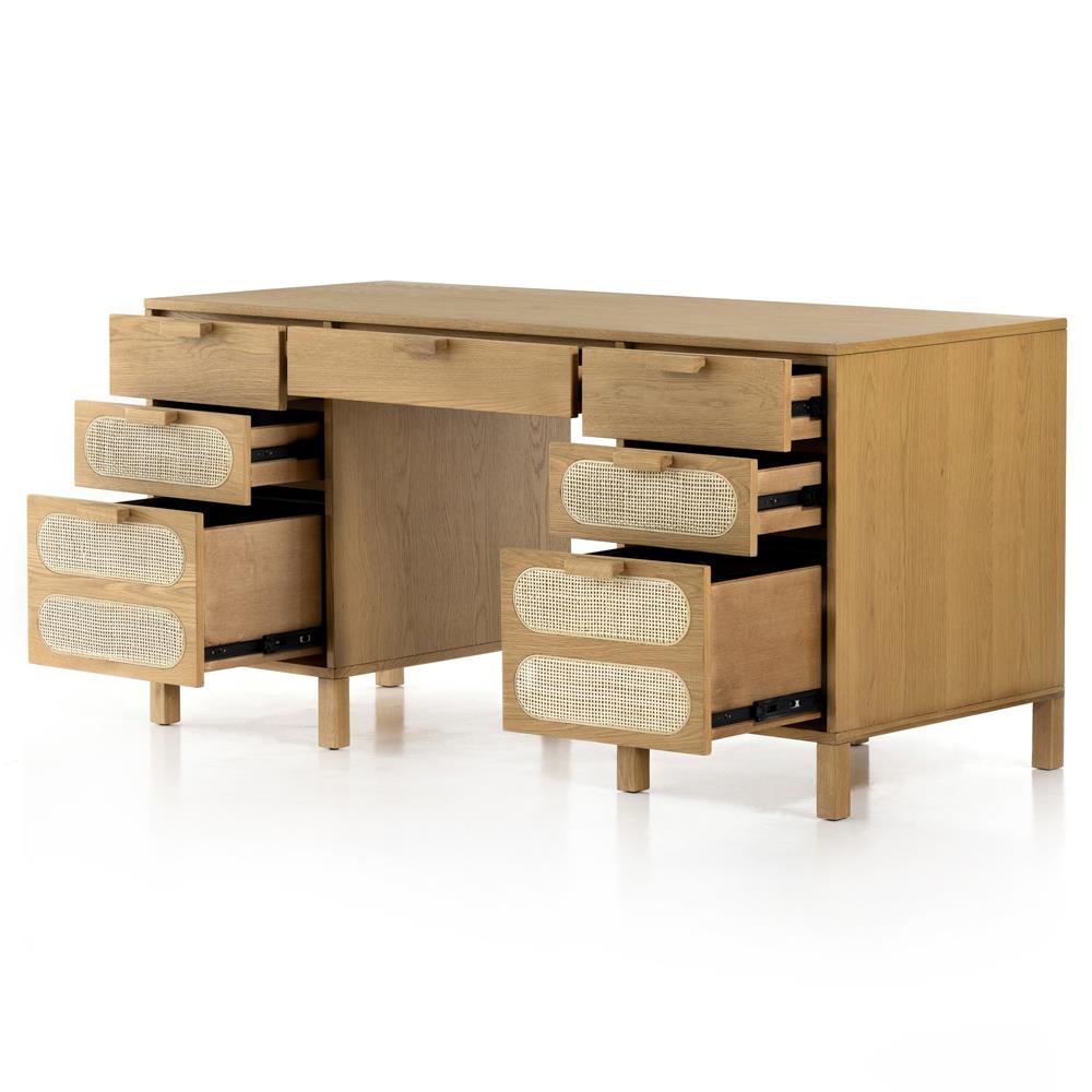 Allie Coastal Light Brown Oak Wood Natural Woven Cane Desk|