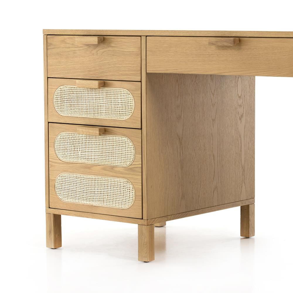 Allie Coastal Light Brown Oak Wood Natural Woven Cane Desk|