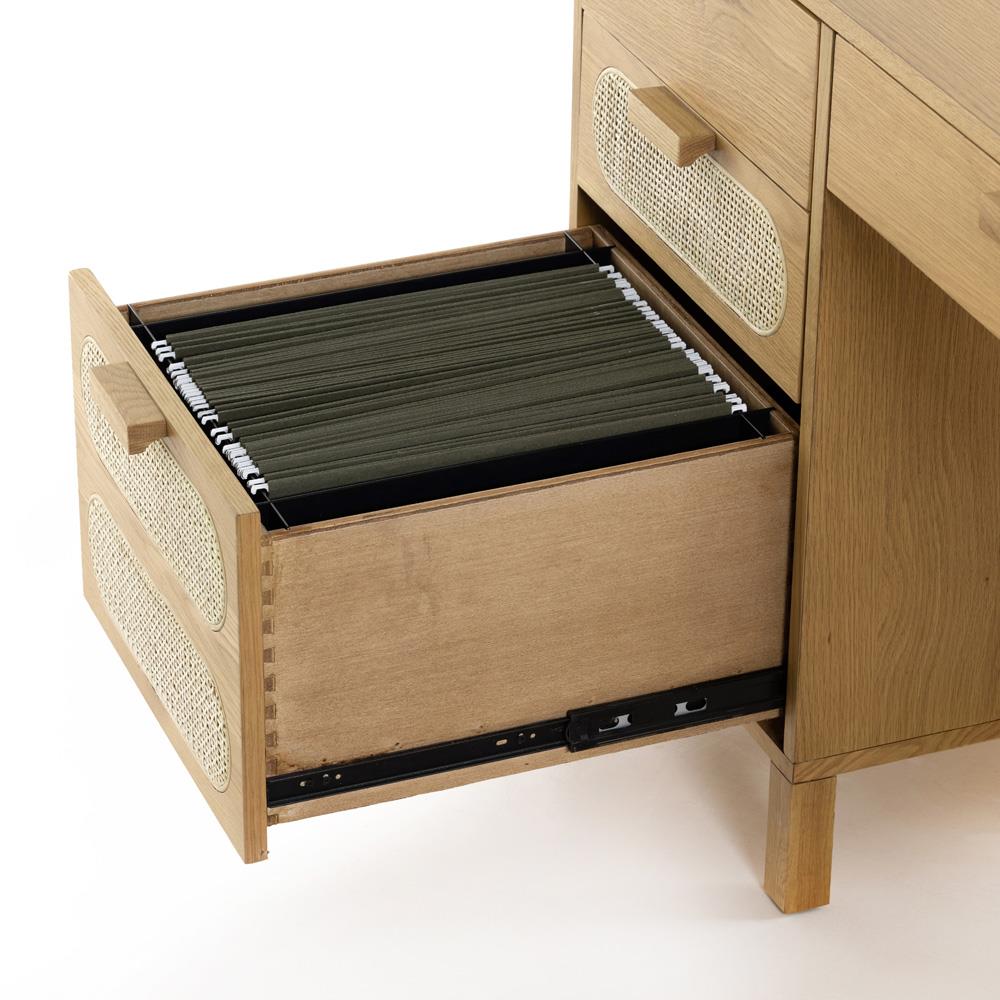 Allie Coastal Light Brown Oak Wood Natural Woven Cane Desk|