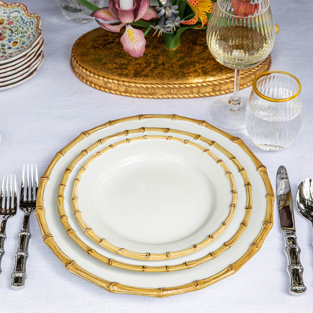 Juliska Natural Bamboo Rim White Ceramic Salad Plate | Kathy Kuo Home