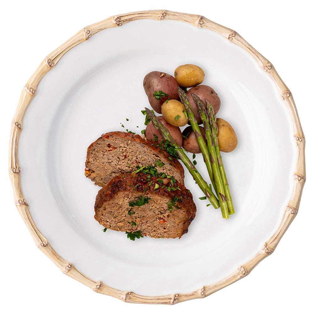Juliska Natural Bamboo Rim White Ceramic Dinner Plate|