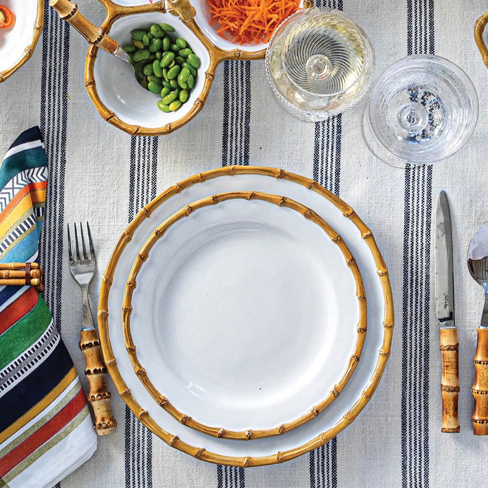 Juliska Natural Bamboo Rim White Ceramic Dinner Plate|
