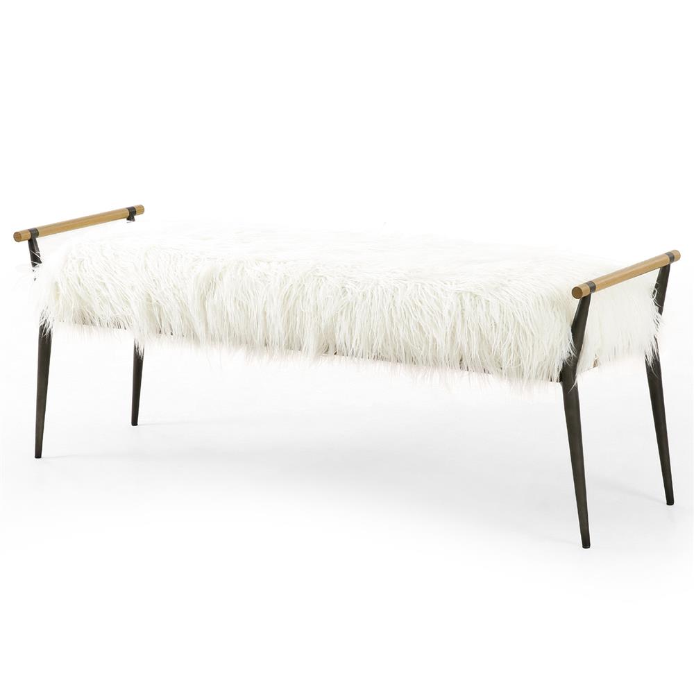 Mark Mid Century Cream Mongolia Fur Seat Black Steel Brown Oak Entryway Bench|