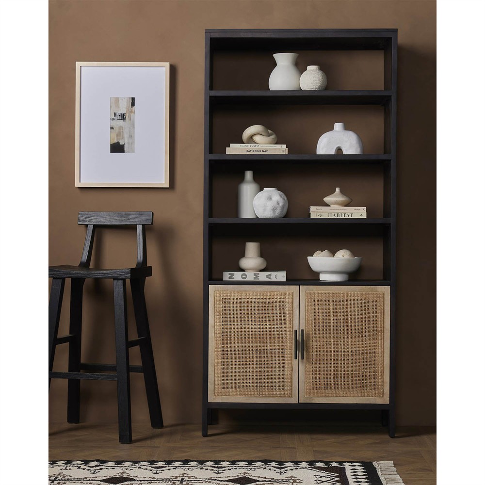 Corazon Global Baazar Black Acacia Wood Mango Woven Cane Open Back Bookcase|