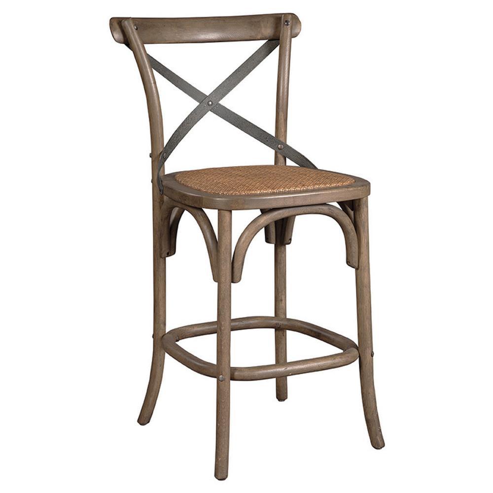 Maze Rustic Brown Seat Oak Wood Frame Grey Iron Cross Back Counter Stool|