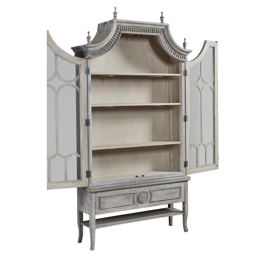 Bien French Country Grey Wood Glass Cathedral Arched Cabinet|