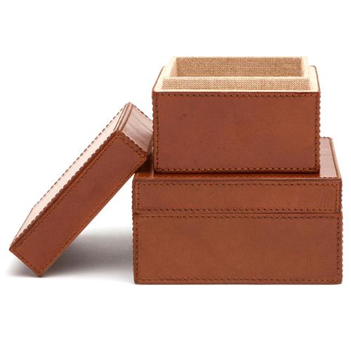 Pigeon and Poodle Stirling Modern Tobacco Leather Square Decorative Boxes - Set of 2