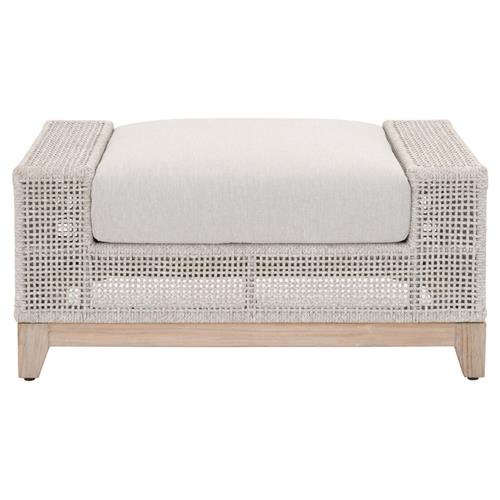 Alaina Coastal Beach Grey Woven Rope Upholstered Teak Frame Outdoor Ottoman