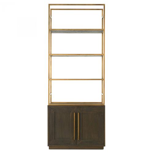 Finn Hollywood Regency Brown Oak Wood Gold Iron 4 Tier Open Back Bookcase