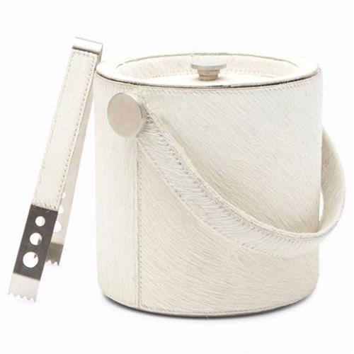 Browmley Rustic Lodge White Hair on Hide Ice Bucket with Tong