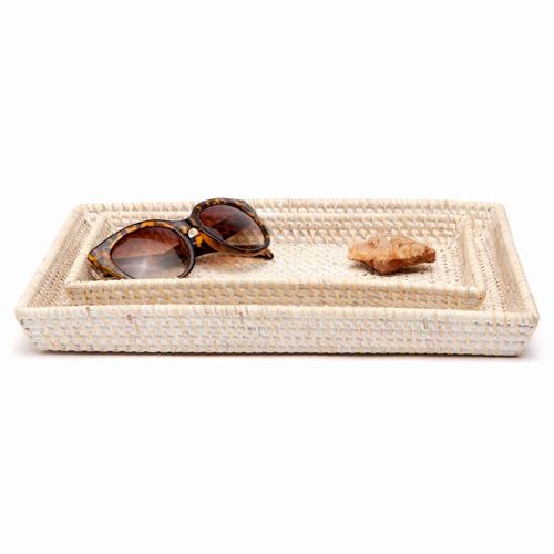 Pigeon and Poodle Dalton Coastal Beach Whitewash Rattan Tapered Tray - Set of 2