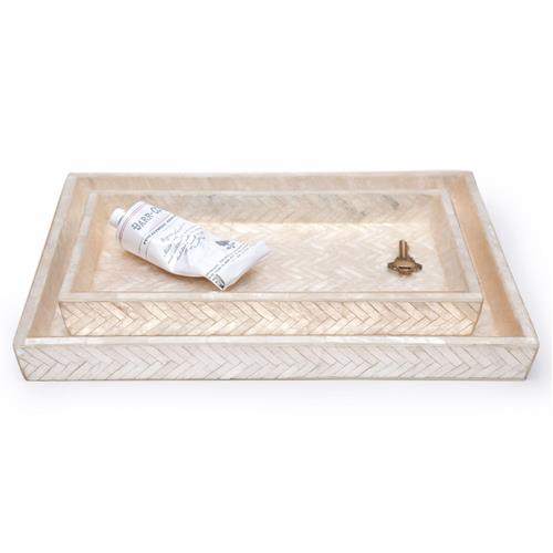 Pigeon and Poodle Handa Coastal Beige Herringbone Capiz Shell Tray - Set of 2