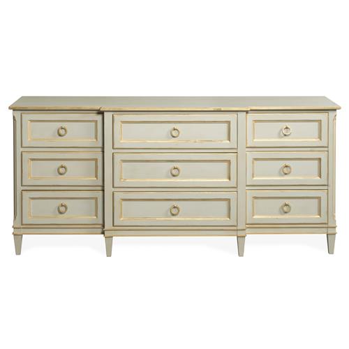 Century Madeline French Country Antique Grey Wood Gold Leaf Accent 9 Drawer Dresser