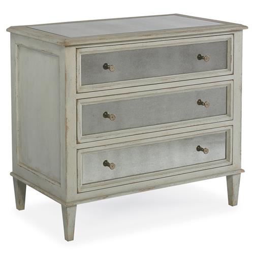 Century Madeline French Grey Acacia Wood Silver Eglomise Mirror 3 Drawer Nightstand