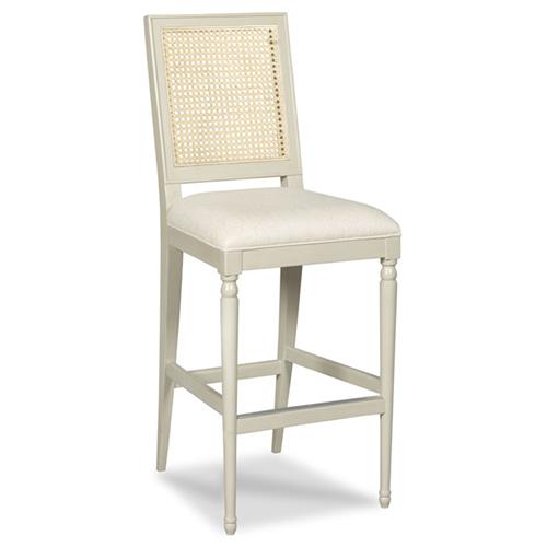 Collette French Uphostered Seat White Wood Woven Cane Back Counter Stool