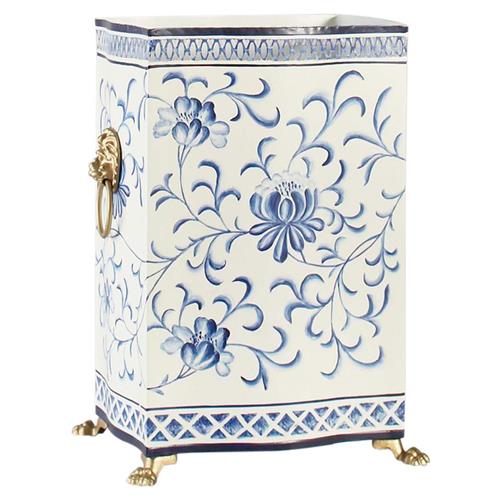 Renee French Country White Tole Hand Painted Blue Wastebasket