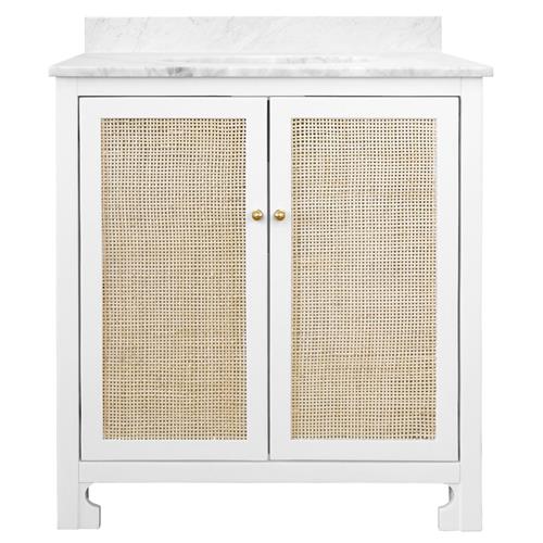 Worlds Away Boyd Coastal White Marble Cane White Wood Vanity Sink - 31&quot;