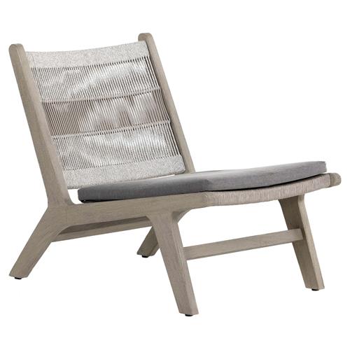 Liana Coastal Beach Grey Teak Wood Woven Rope Cushion Outdoor Lounge Chair
