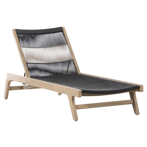 Liana Coastal Beach Natural Teak Wood Dark Grey Woven Rope Outdoor Chaise Lounge