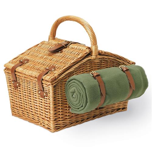 Surset French Brown Willow Green Picnic Basket with Serverware for 2