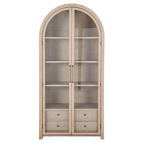 Elsa Natural Wood Glass Door Woven Rattan Drawer Arched China Cabinet