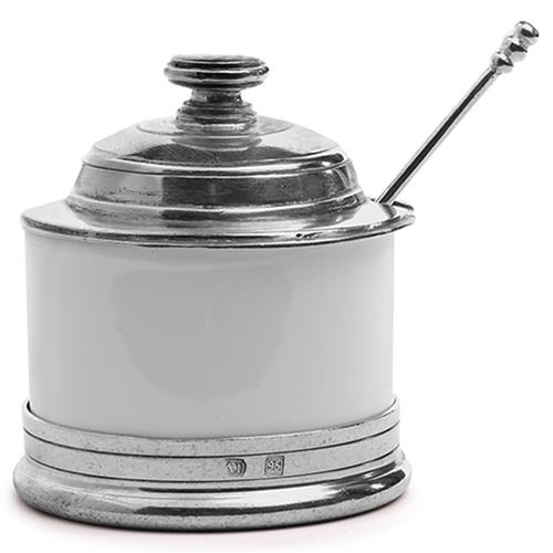 Tuscan French Country White Ceramic Covered Bowl with Spoon