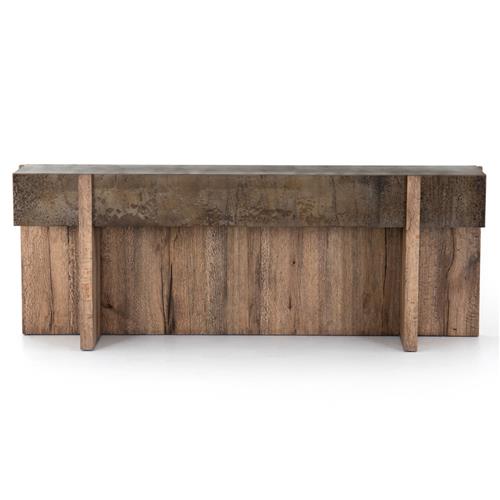 Beth Rustic Black Distressed Iron Top Brown Oak Wood Rectangular Console Table
