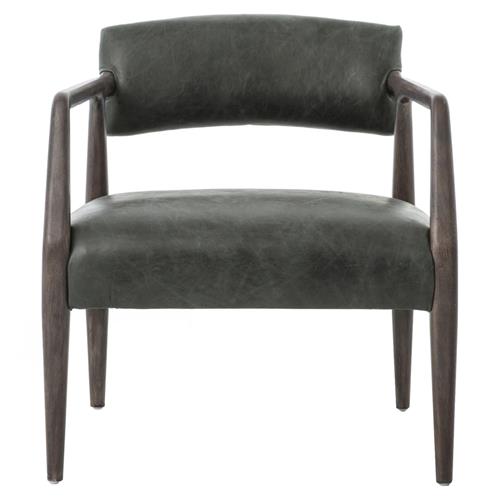 Pia Mid Century Modern Black Upholstered Leather Smoky Brown Wood Arm Chair