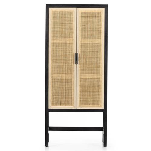 Corazon Coastal Beach Black Mango Wood Natural Cane Door Armoire Cabinet