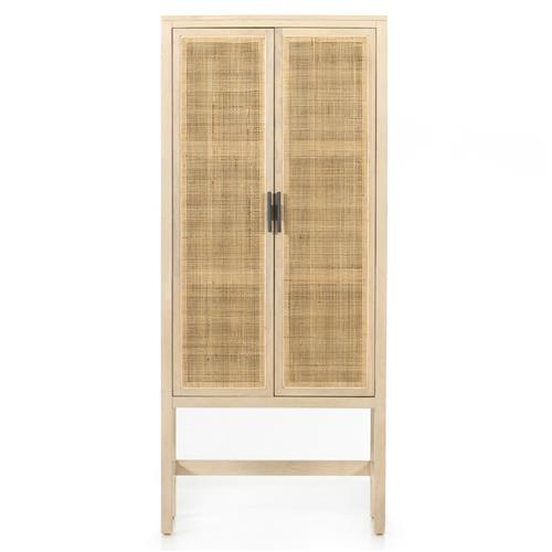 Corazon Coastal Beach Beige Mango Wood Natural Cane Door Armoire Cabinet