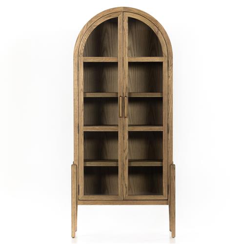 Ivan Mid Century Brown Solid Oak Wood 2 Glass Door Arched Display Case