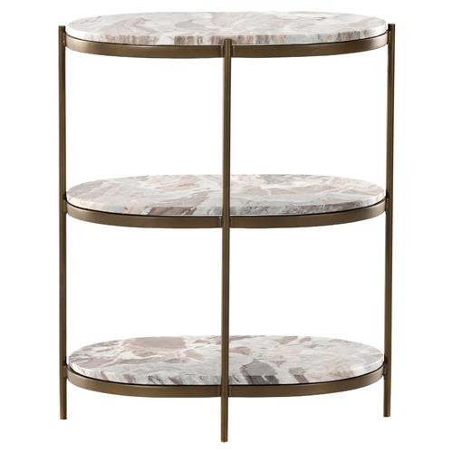 Kian Mid Century Grey Marble Antique Brass Iron Oval Shelving Side Table