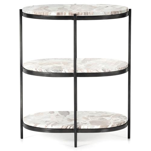Kian Mid Century Grey Marble Hammered Iron Oval Shelving Side Table